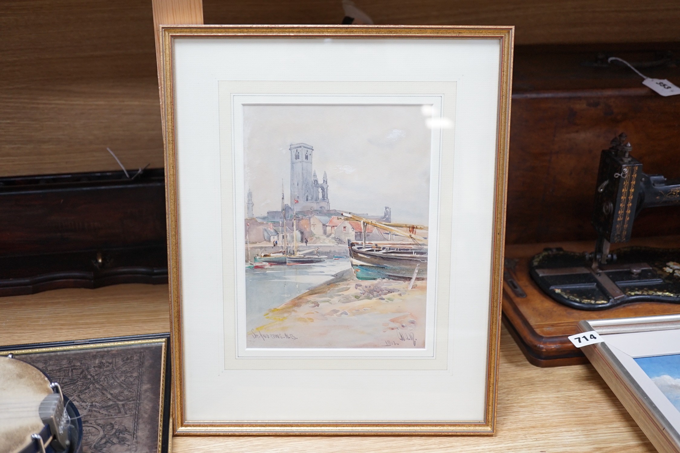 William Alister Macdonald (1861-1948), watercolour, 'Tower of St Rule, St Andrews from the harbour', monogrammed and dated 1902, 23 x 17cm